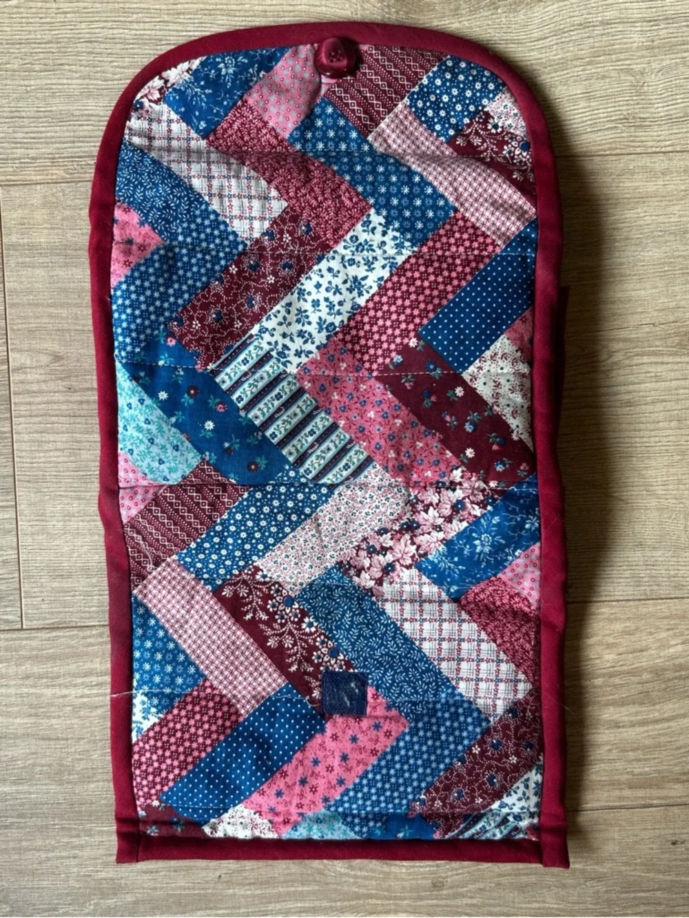 Patchwork Quilted Clutch in Blue and‎ Burgundy